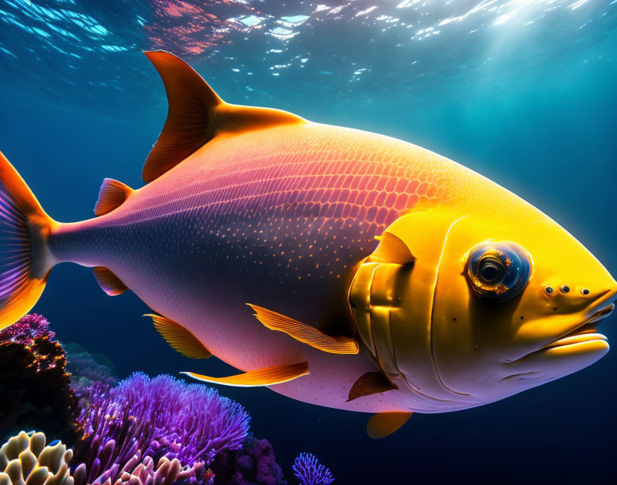 Colorful Orange Fish Swimming Near Purple Coral in Clear Blue Ocean