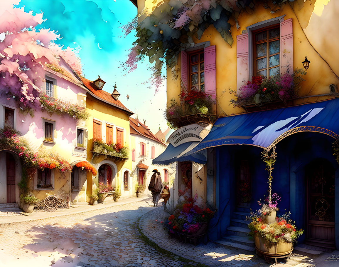 Colorful cobblestone street with vibrant flowers and a person strolling.