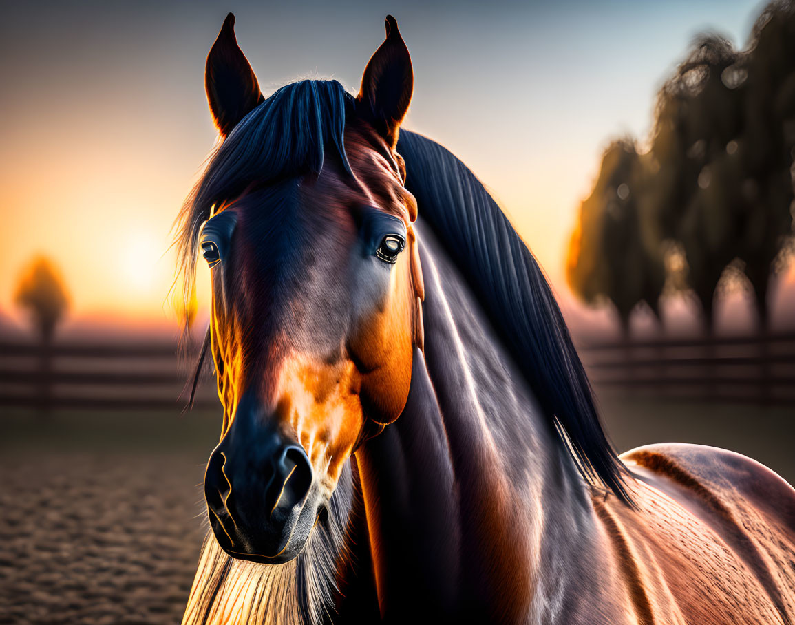 Brown horse with glossy coat in profile against vibrant sunset