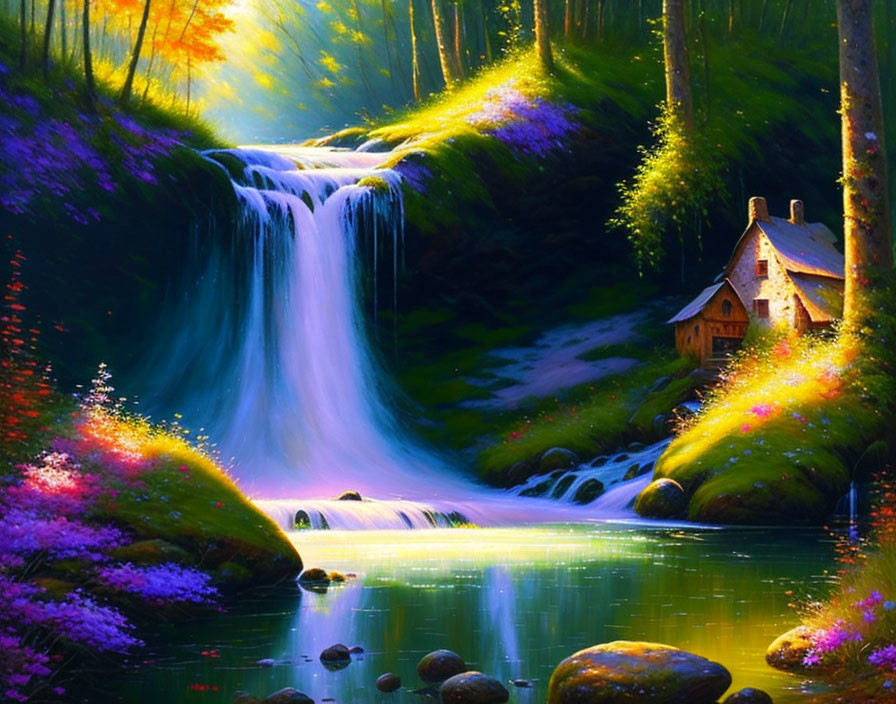 Tranquil waterfall in lush greenery with cottage and colorful flora