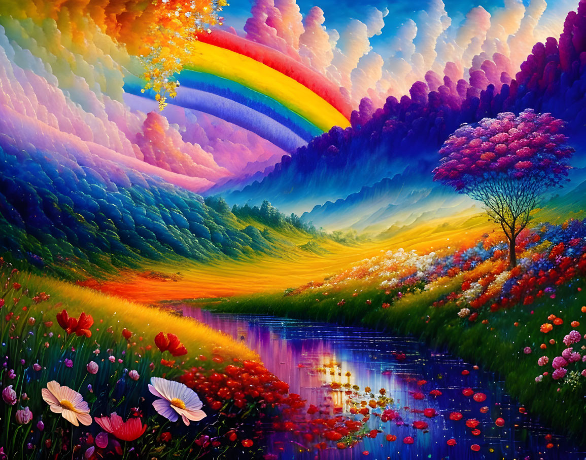 Colorful Rainbow Landscape with Meadow, River, and Tree