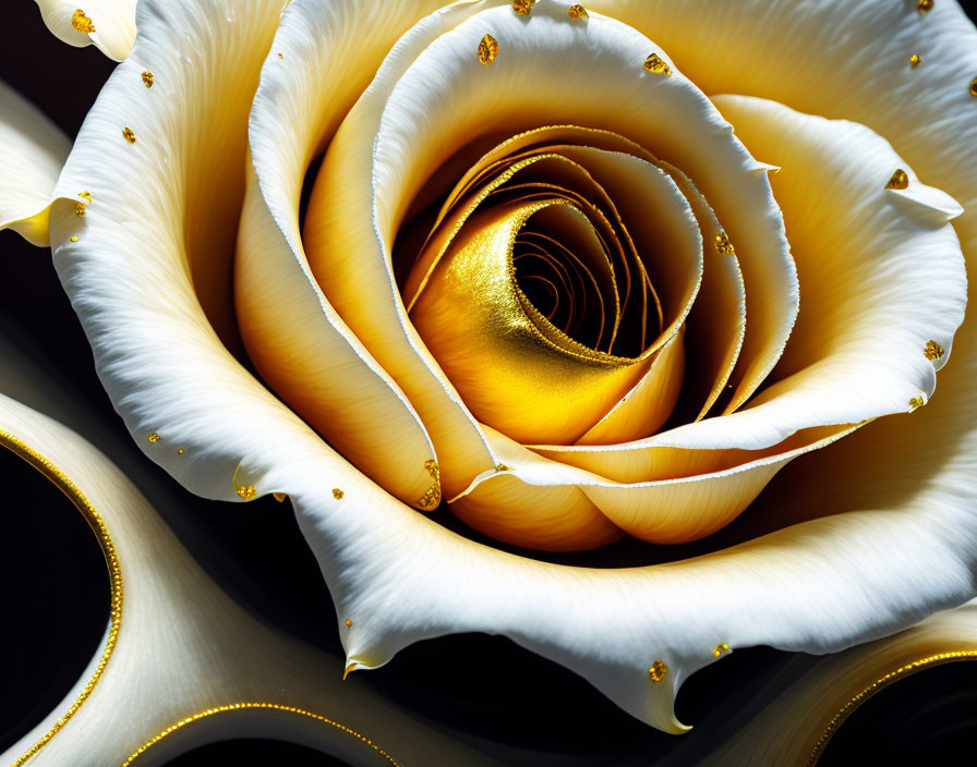 White rose with golden accents and dewdrops on dark background