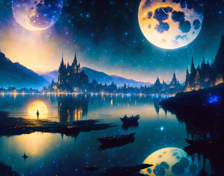 Nighttime Fantasy Scene: Person by Serene Lake, Planets in Sky, Glowing Castle,