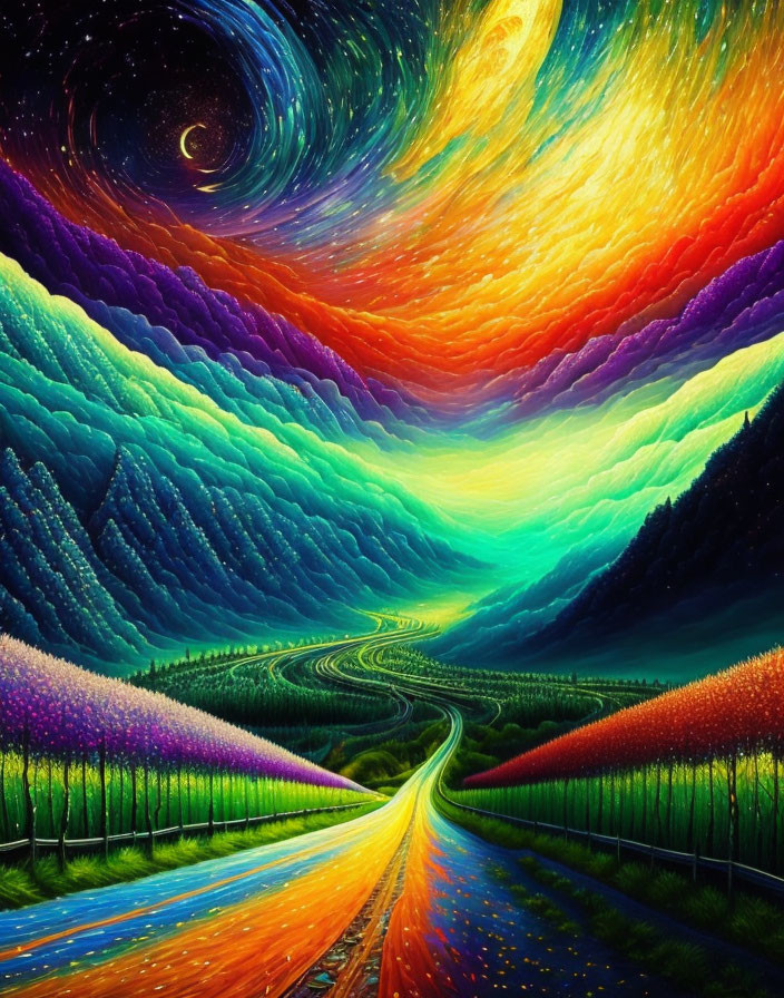 Colorful Painting: Winding Path in Rolling Hills under Starry Sky