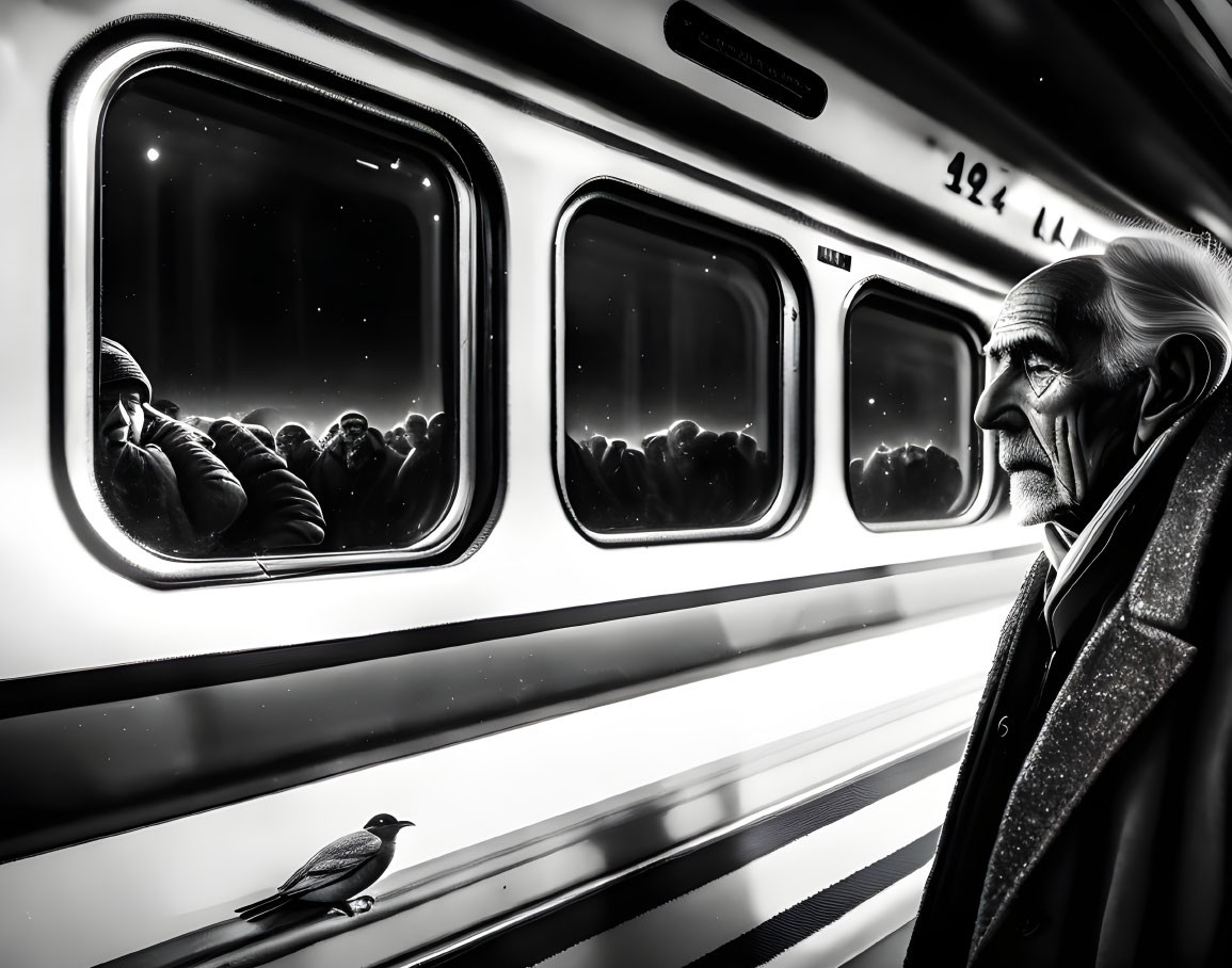 Elderly man by train with pigeon and silhouetted passengers.