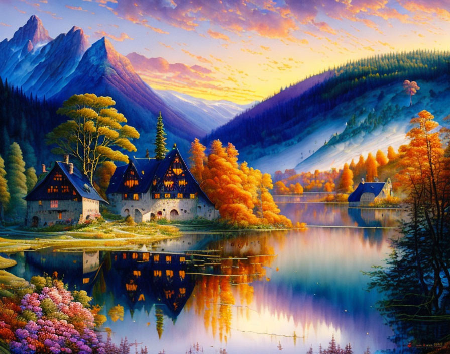 Tranquil lakeside village scene with autumn trees and mountains