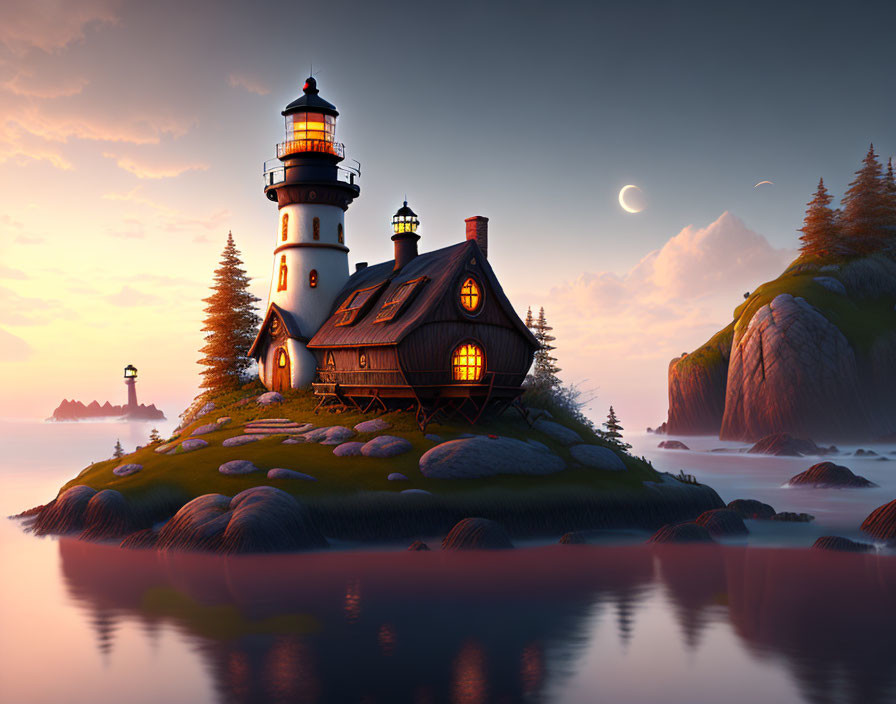 Tranquil sunset scene with lighthouse on small island