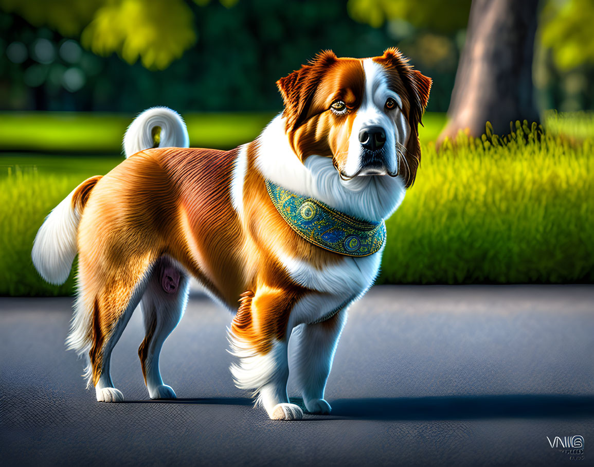 Tricolor fluffy dog with blue bandana on park pathway