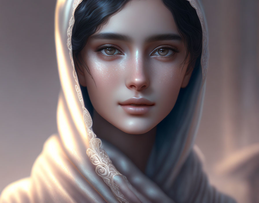 Young woman digital portrait with radiant skin and dark hair in cream-colored shawl