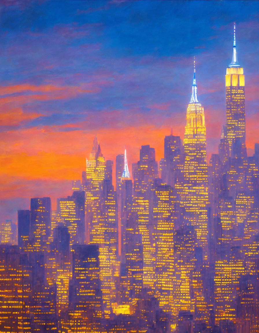 Vibrant painting of New York skyline at dusk