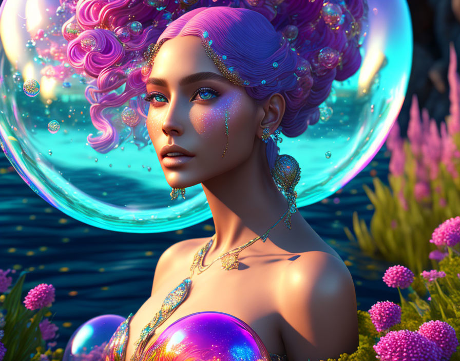 Fantastical image: Woman with purple hair, glowing bubbles, vibrant flora, intricate jewelry.