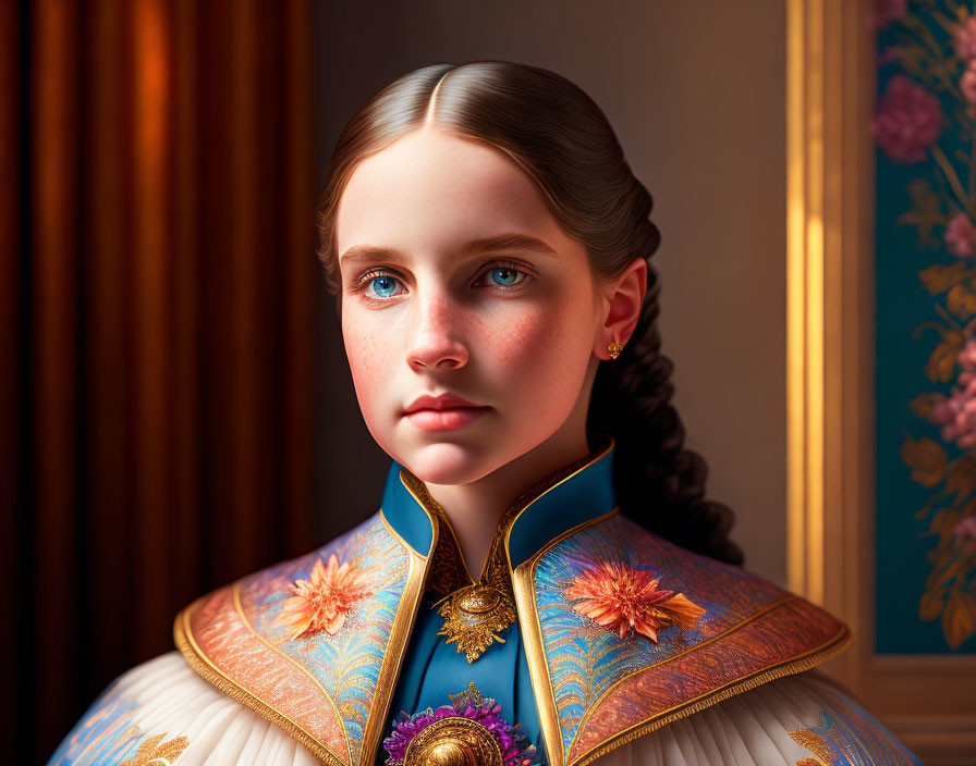 Portrait of a girl with braided hair in blue and gold outfit against ornate backdrop