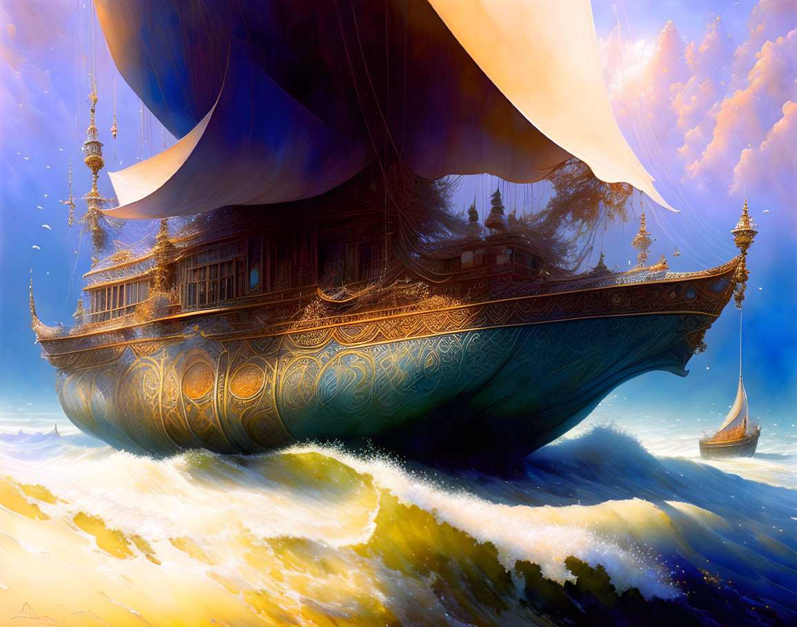 Majestic fantasy ship with large blue sails on ocean waves beneath cloudy golden sky