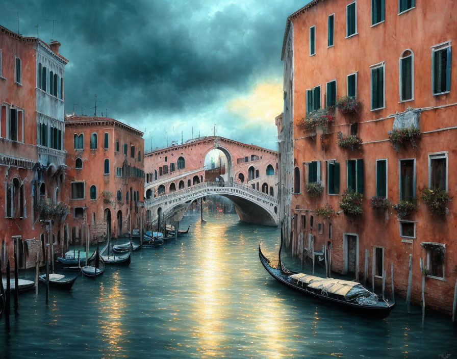 Venetian canal with gondolas under ornate bridge and classical buildings.