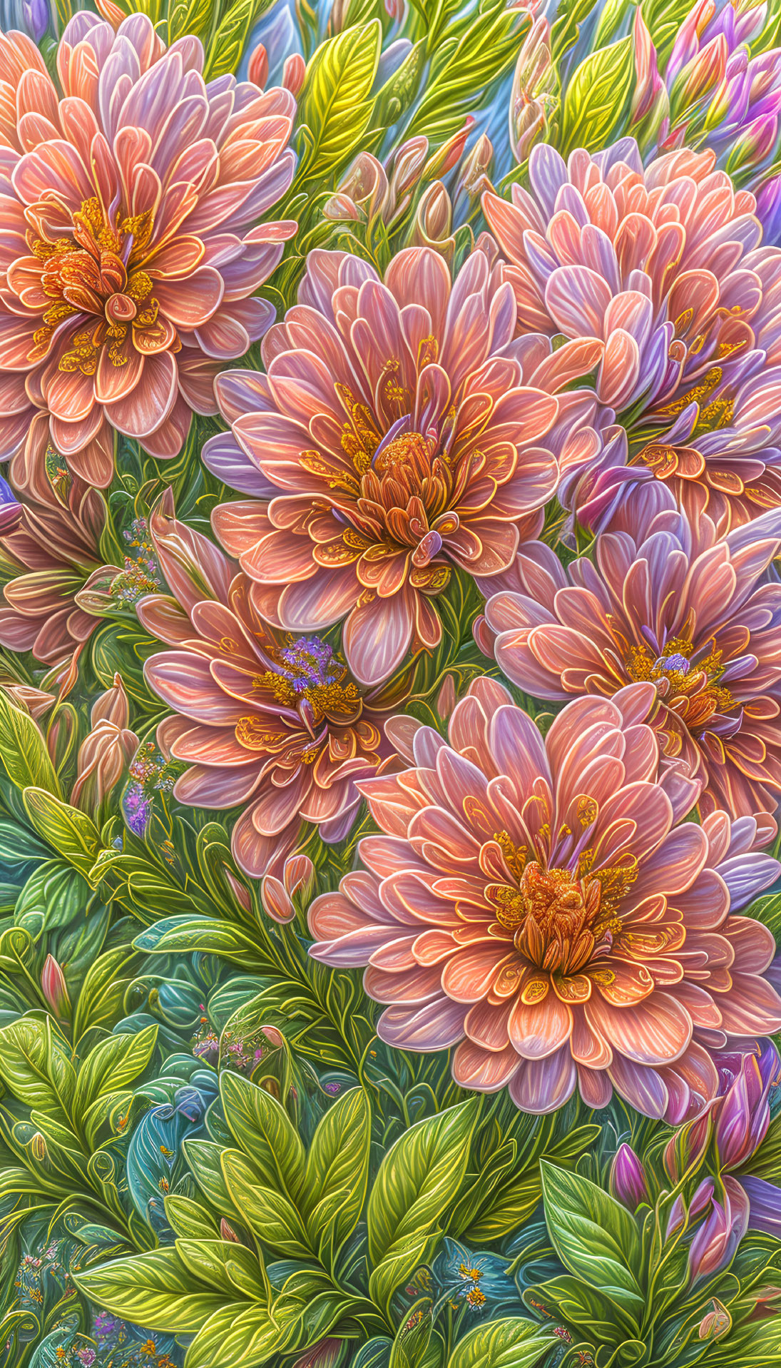 Detailed Illustration of Blooming Pink Dahlia Flowers