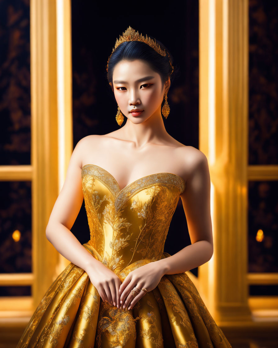 Woman in golden ball gown with heart-shaped neckline and tiara against ornate background