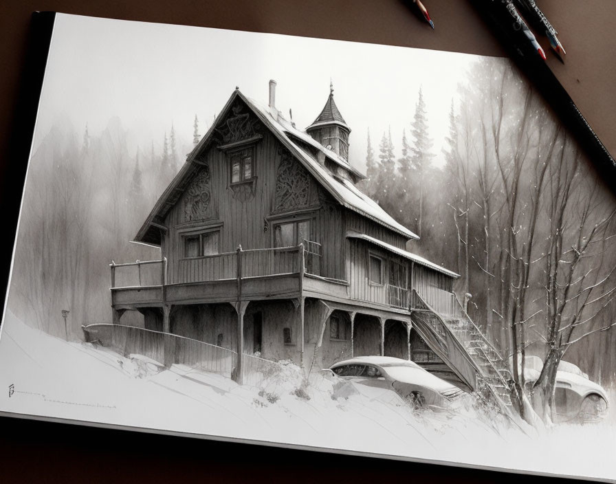 Detailed pencil sketch of ornate two-story wooden house in misty forest with tower, balcony, staircase