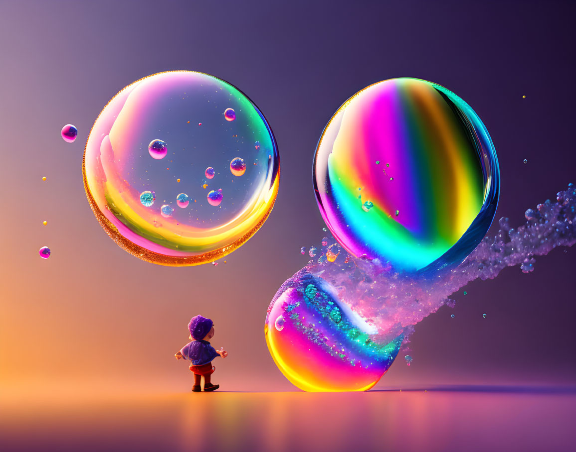 Child in raincoat gazes at colorful iridescent bubbles above reflective surface