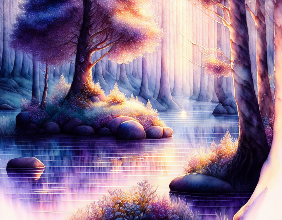 Ethereal woodland scene with glowing purple hues, smooth stones, and tranquil water