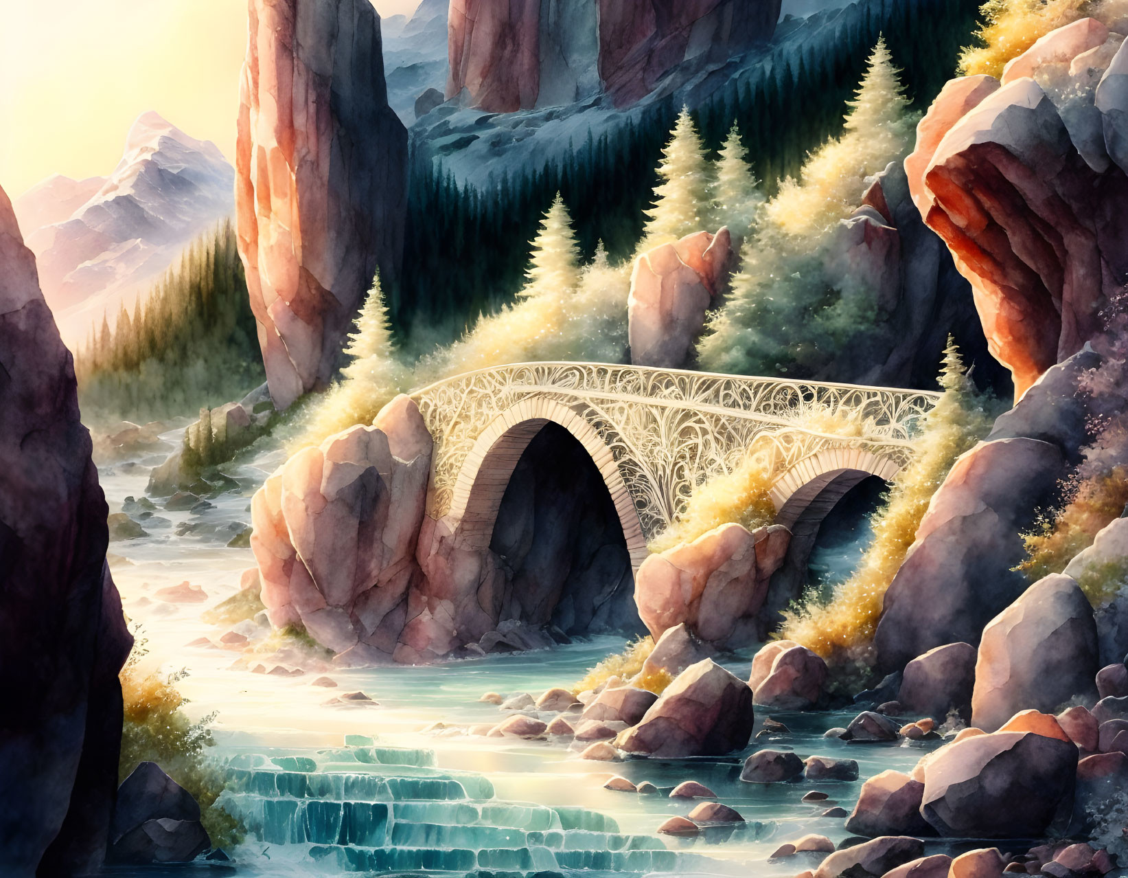 Ornate bridge over tranquil river in rocky gorge with pine trees and misty mountains