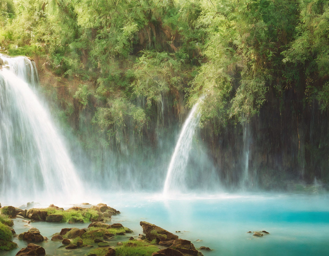 Tranquil Waterfall Scene with Turquoise Pool and Greenery