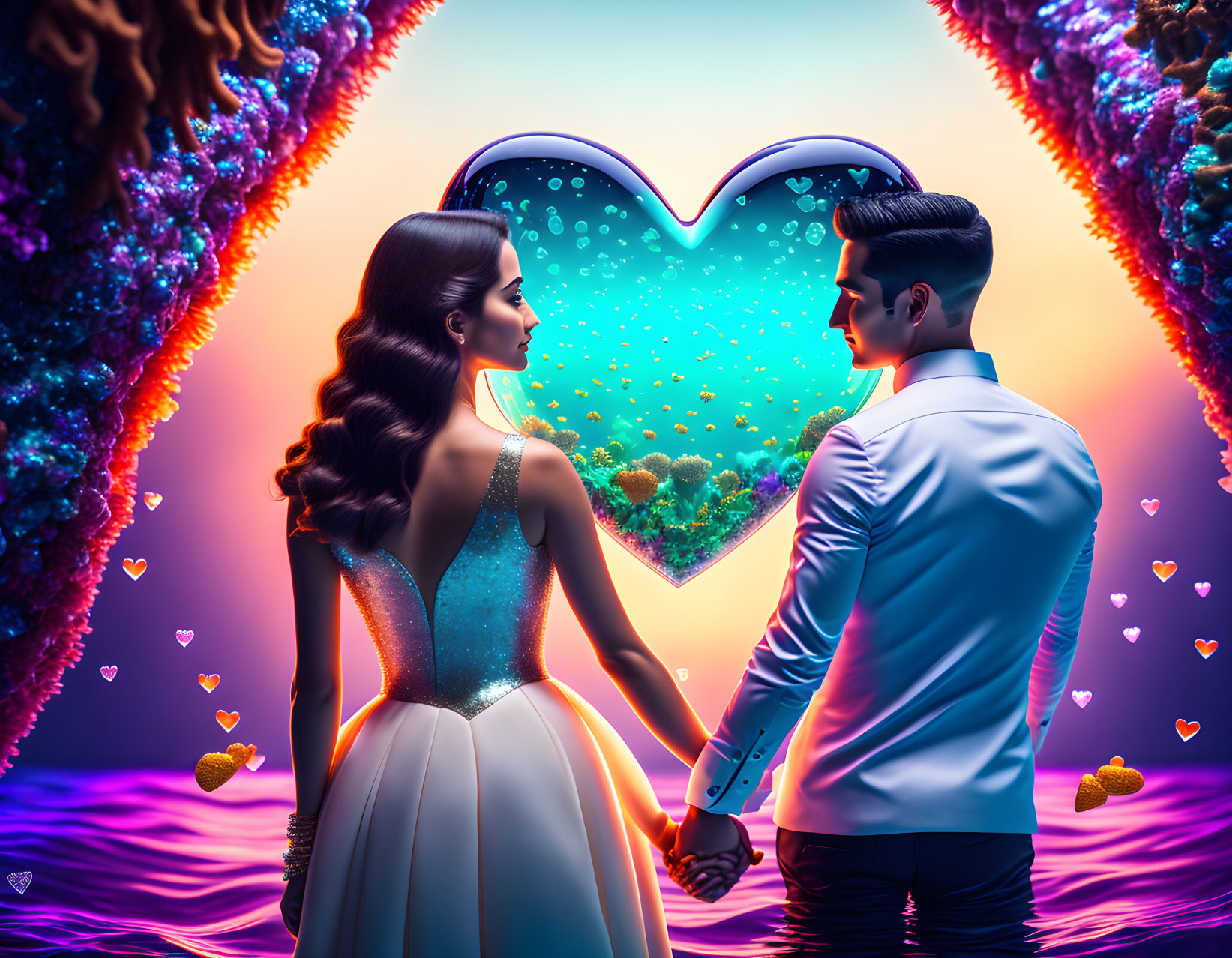 Couple holding hands in vibrant underwater scene