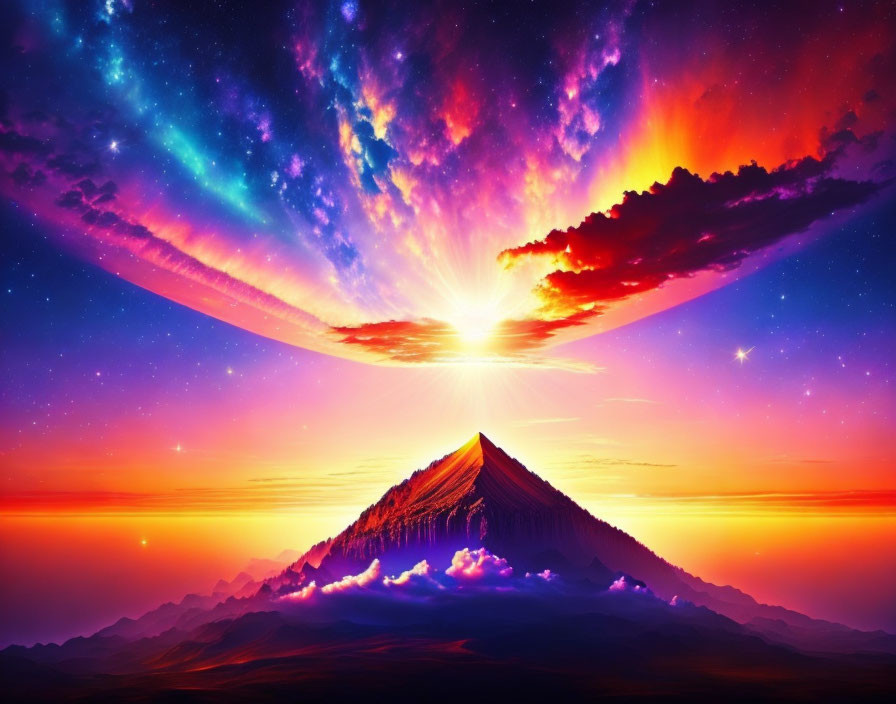 Vivid Sunset Behind Mountain with Colorful Starry Sky