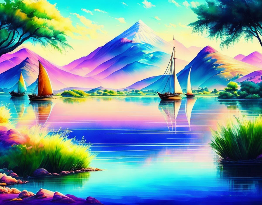 Sailboats painting: Calm lake, purple mountains, colorful sky