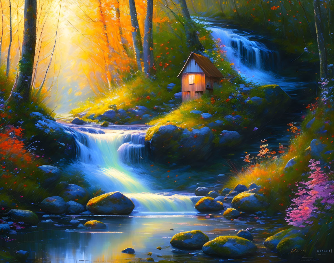 Tranquil autumn forest scene with cottage and waterfall