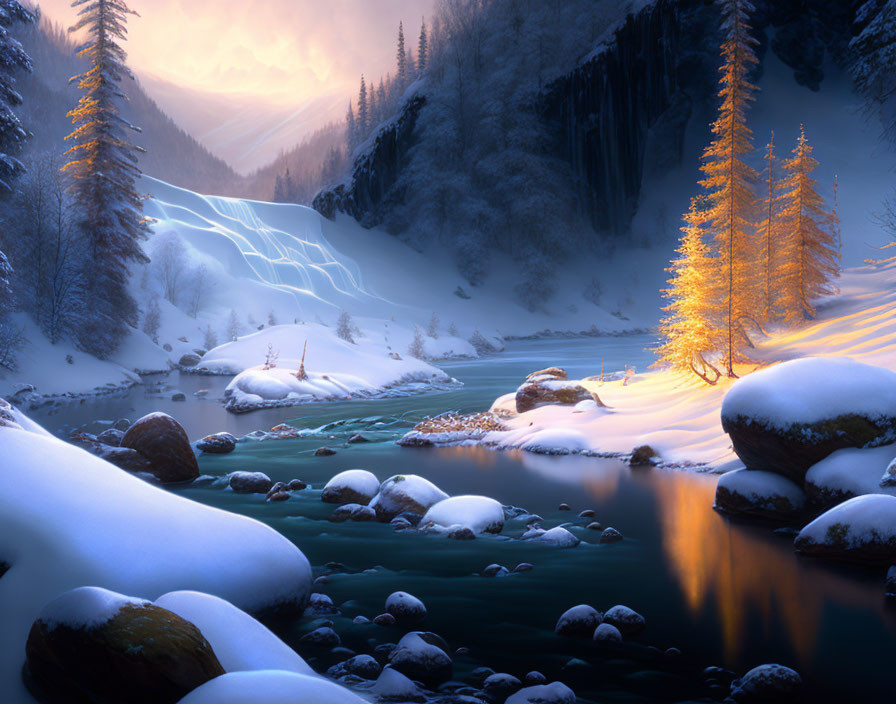 Snow-covered rocks, still river, glowing trees, distant figure in serene winter mountain valley