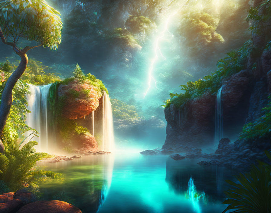 Tranquil waterfall cascades into blue lagoon amid lush foliage