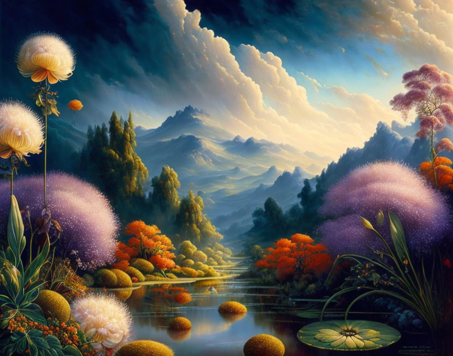 Colorful fantasy landscape with lush vegetation, fluffy plants, serene water, and majestic mountains.