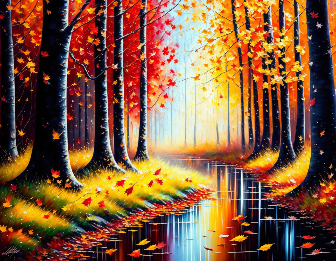 Colorful Autumn Forest Scene with Reflective River