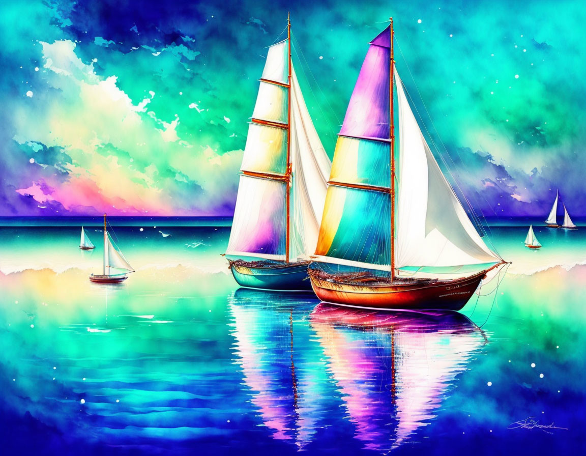 Colorful Sailboats in Surreal Watercolor Scene