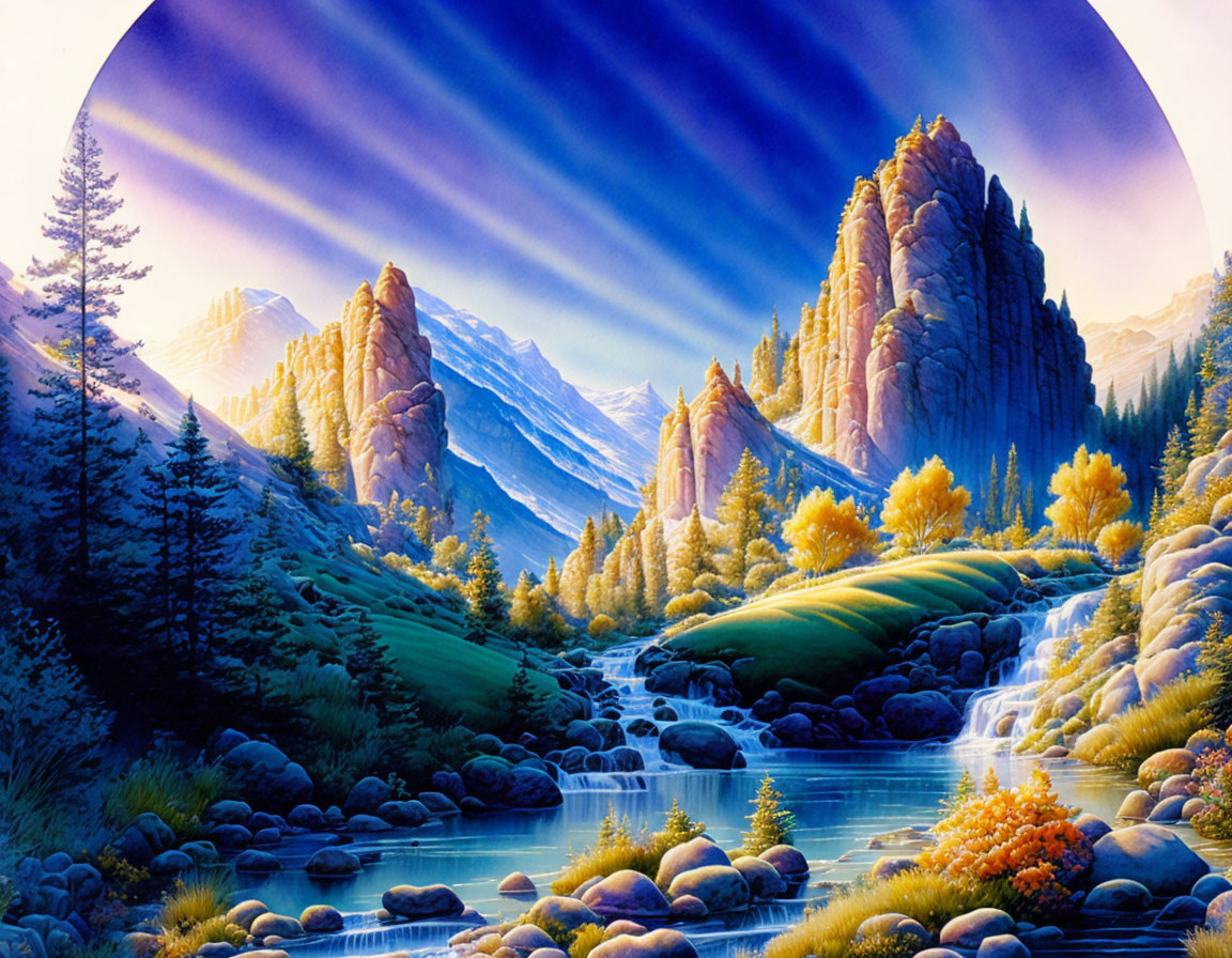 Serene animated landscape with river, forest, mountains