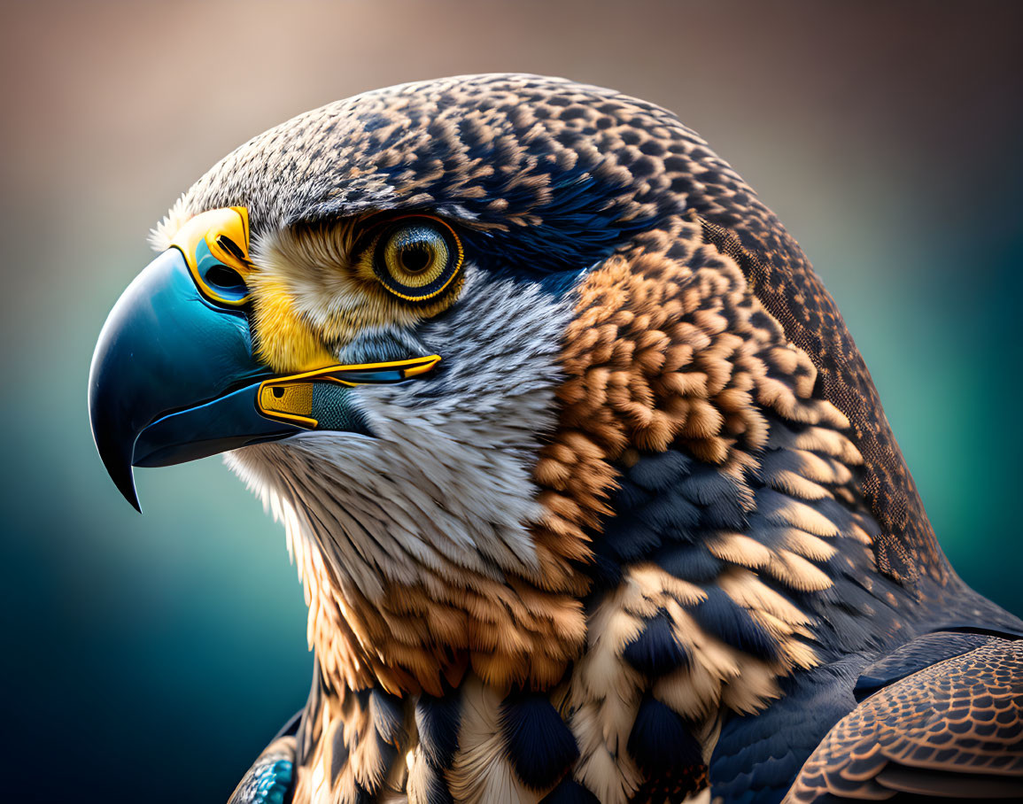 Detailed Peregrine Falcon plumage, sharp beak, intense yellow-ringed eye up close