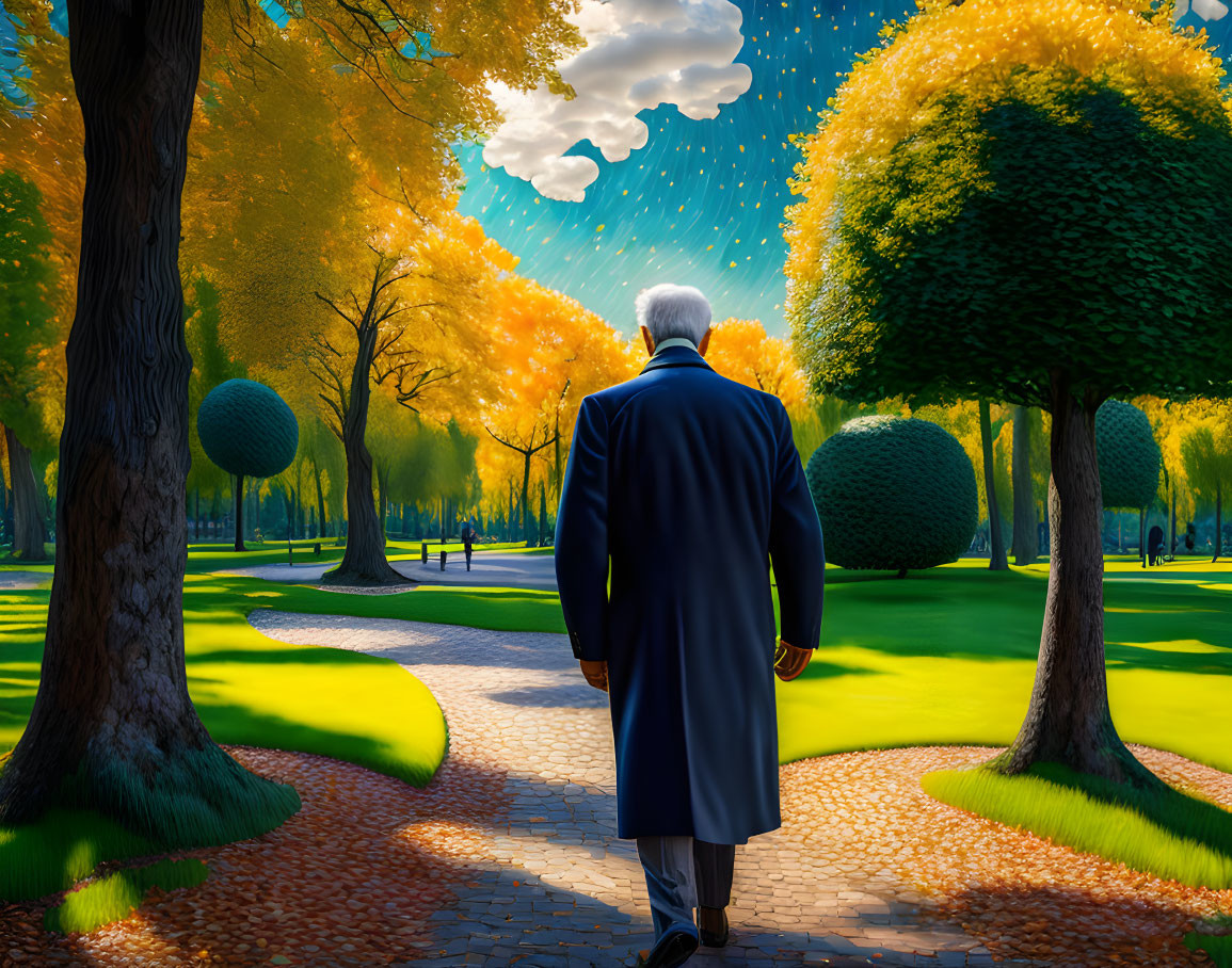 Elderly man in blue coat strolling vibrant park with colorful trees