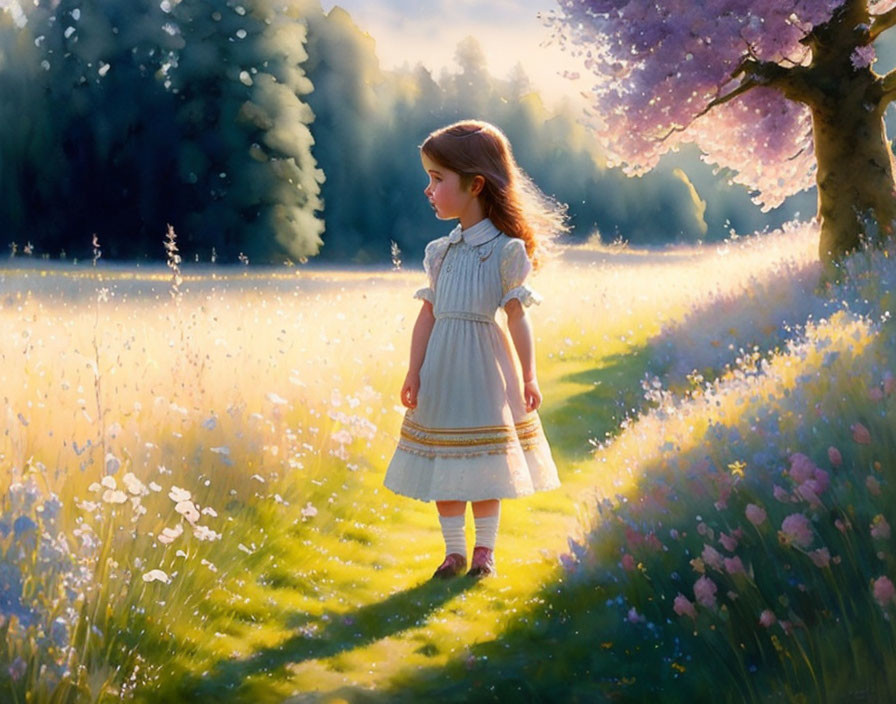 Young girl in white dress in sunlit meadow with flowers and pink blossoms.