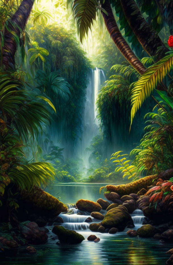 Tranquil tropical waterfall in lush green setting