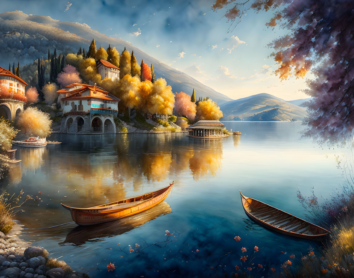 Tranquil lake scene with moored boats, blooming trees, villa, and mountains.