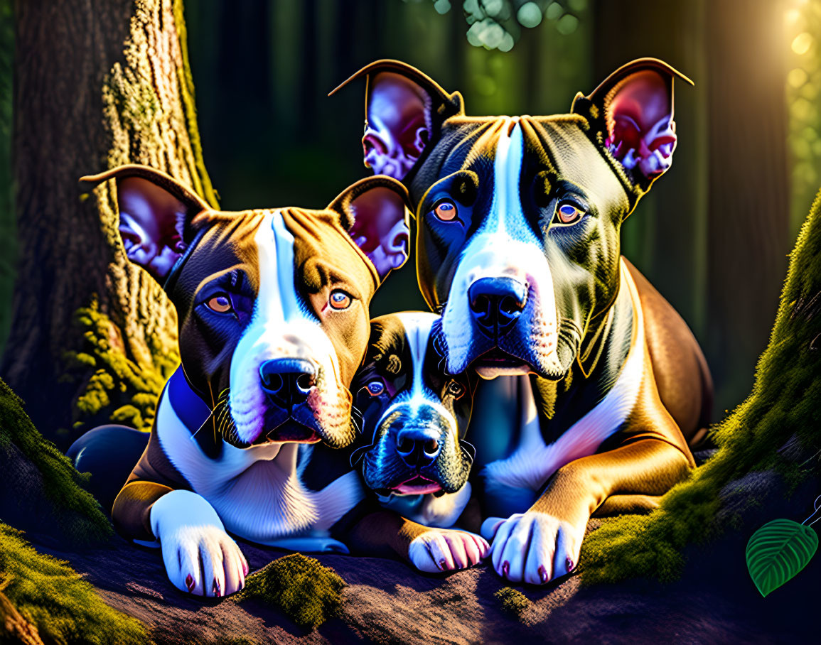 Two muscular dogs and a small pup in forest with dramatic lighting