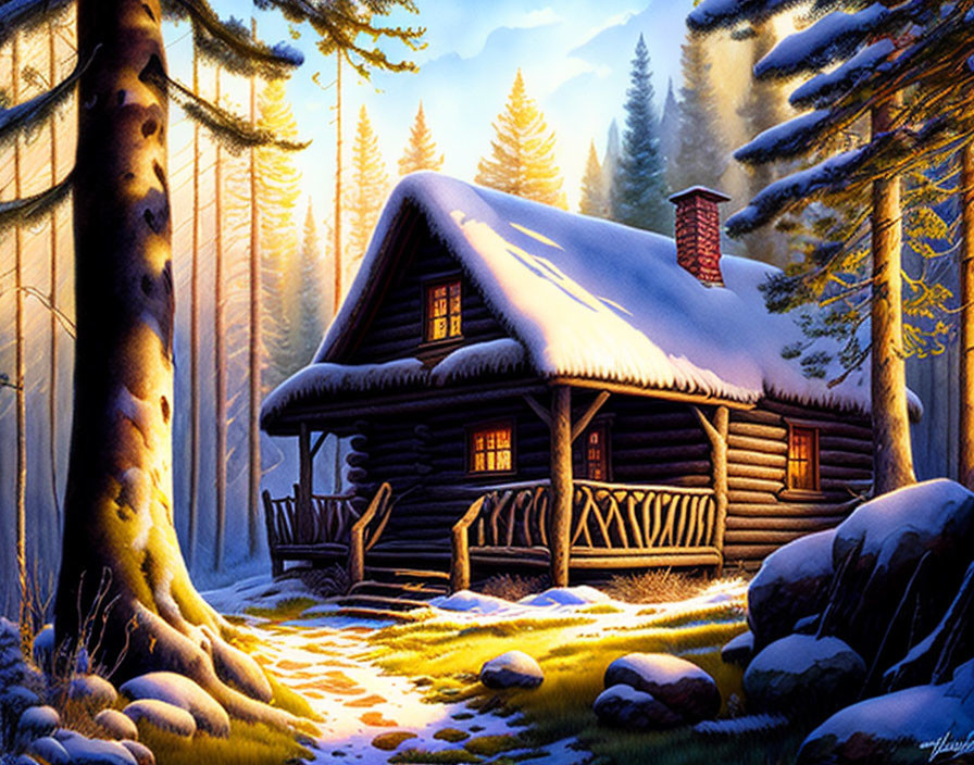 Snow-covered log cabin in serene forest with warm light.