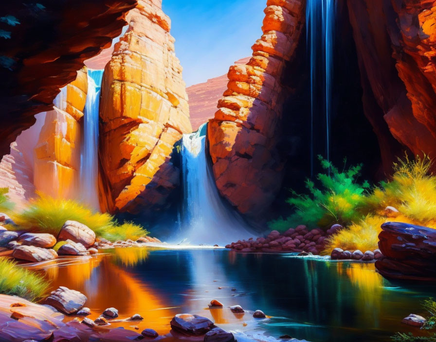 Serene waterfall cascading between red cliffs into a tranquil pool