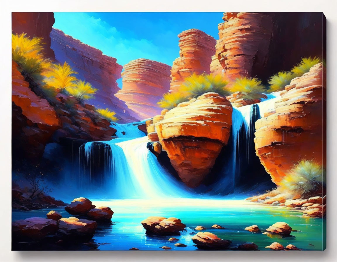 Vibrant painting of lush waterfall between red rock formations