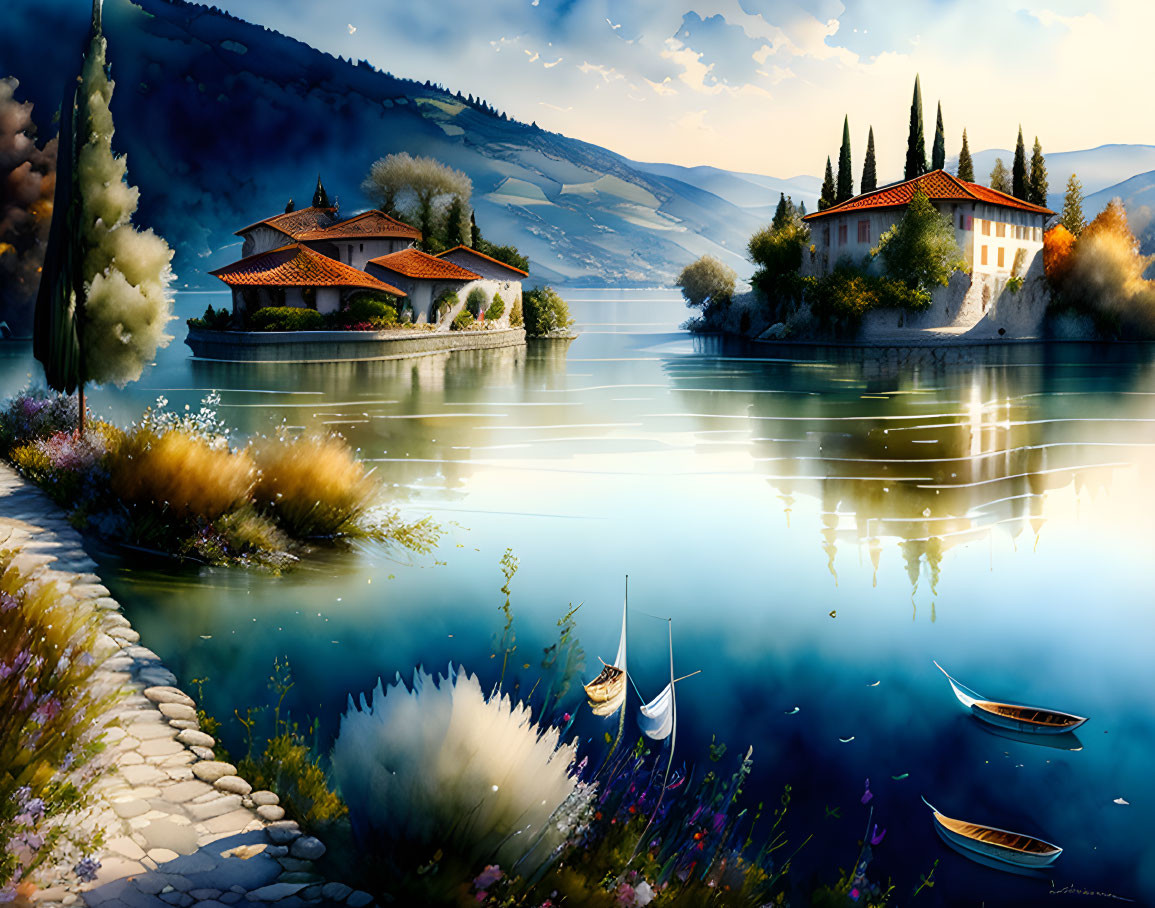 Tranquil lake scene with boats, trees, and Mediterranean architecture.