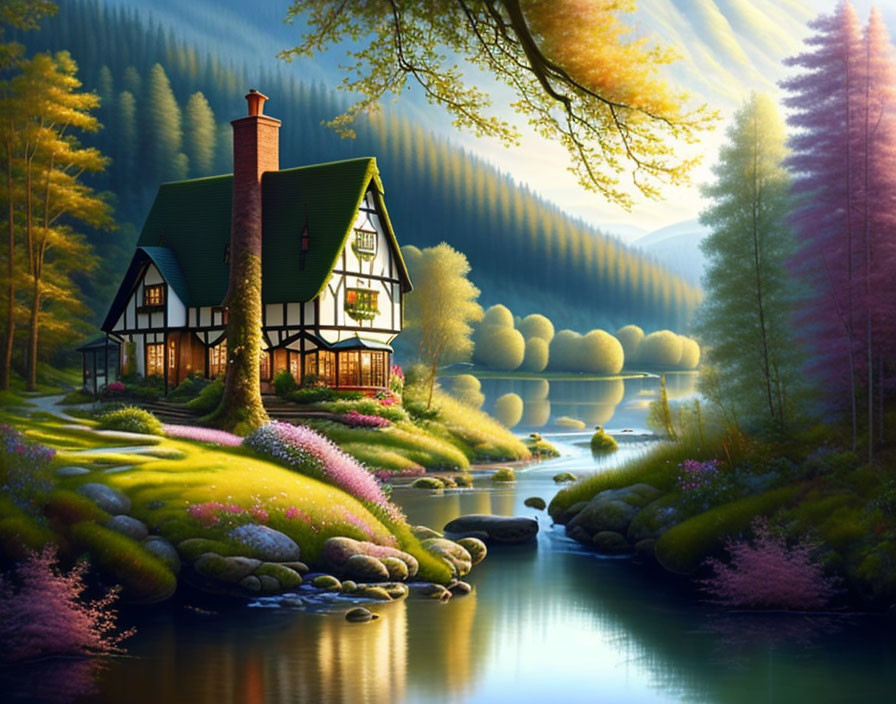 Tranquil Cottage by Stream in Forest at Dusk