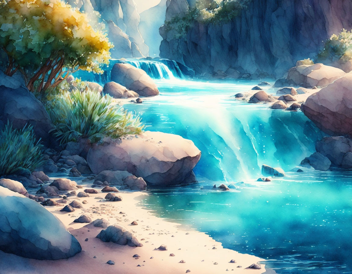 Tranquil waterfall cascading into serene blue pool amid lush greenery