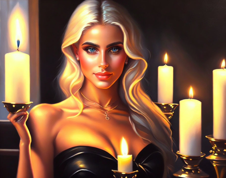 Blonde woman with blue eyes surrounded by lit candles