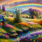 Colorful landscape painting with hills, flowers, rainbow, and houses under pastel sky