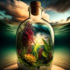 Glass bottle with vibrant ecosystem and storm inside